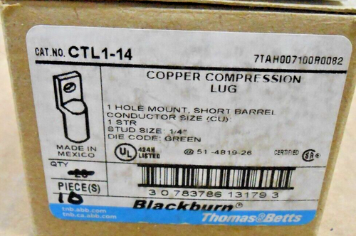 BOX OF 10 NEW BLACKBURN CTL1-14 COPPER LUG CRIMP 1 HOLE 1/4" SHORT GREEN 1 STR - Picture 3 of 3