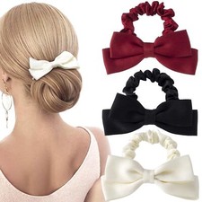 3pcs Silk Bow Scrunchies Black Red White Bowknot Hair Ties Ropes Elastic Band...