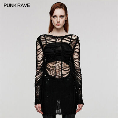 Punk Rave Women Black Gothic Punk Decadent Sexy Hollow Out Long Sweater Tops