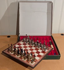 EXC VTG Italfama Napoleon Hand Painted Pewter Metal Chess Box Set Complete Italy