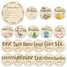 11PCS Wooden Baby Monthly Milestone Cards Sign Double Sided Newborn Photograp...