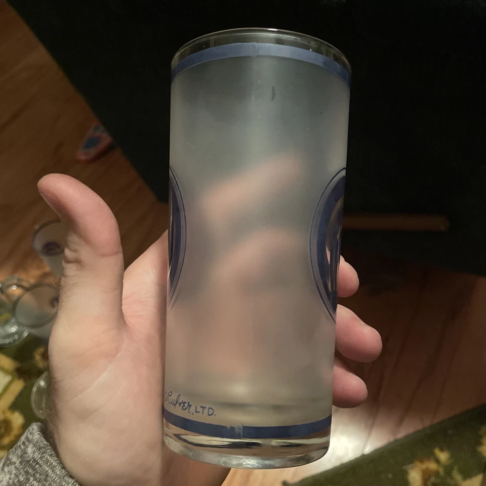 Vaso de beber vintage Culver vidrio esmerilado con patrón azul Foto 2 de 3