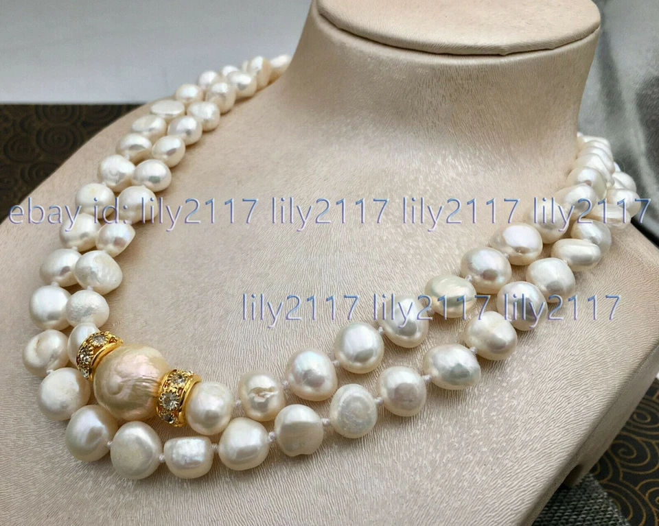 Collar de perlas barrocas 2 filas naturales 9-10 mm blanco mar del sur rosa 13-15 mm 17-19" Foto 3 de 4