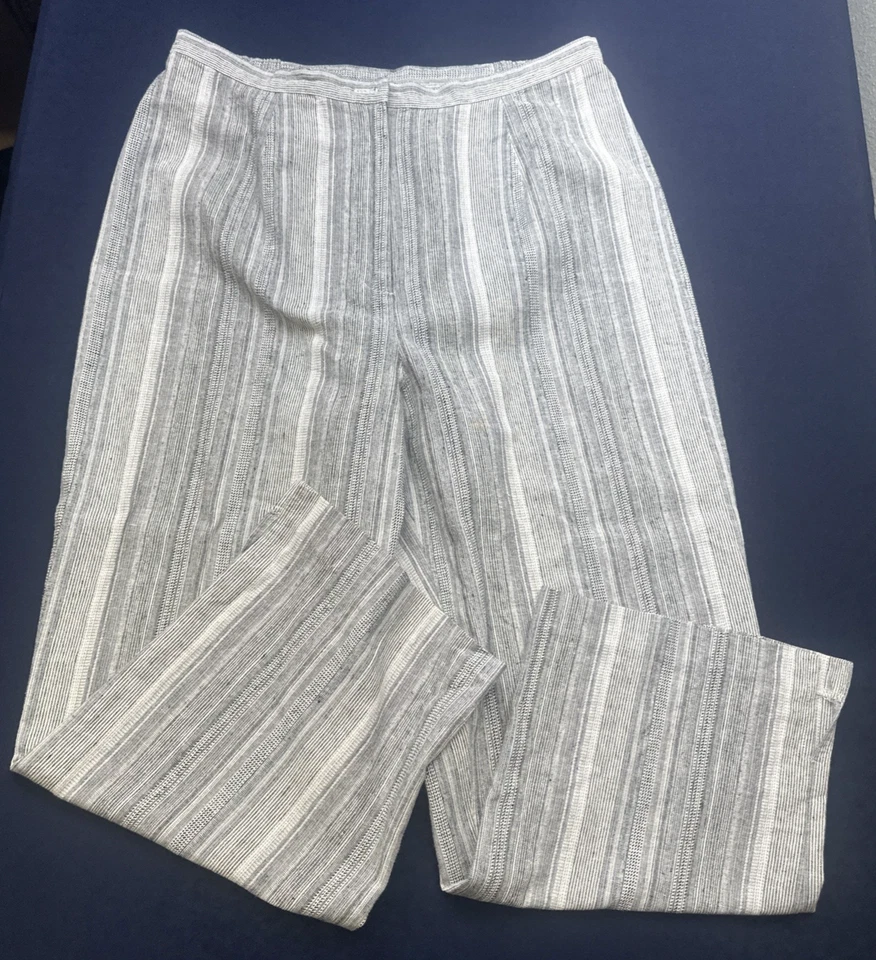 Linen Cotton Blend Grey Striped Pants Women’s Size 14 Elastic Waist Summer Beach - Image 2 of 4