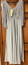 J Kara Women's Petite 3/4 Sleeve V-Neck Embellished Top Long Dress/ 10P/Silver