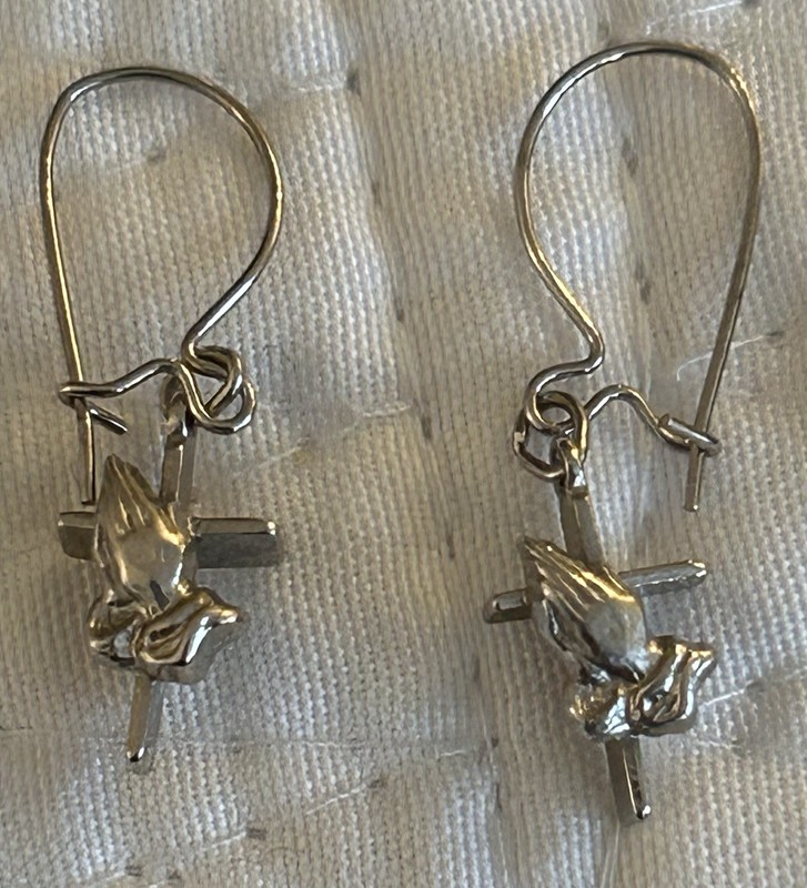 Vintage Sterling Silver Praying Hands and Cross Dangle Earrings
