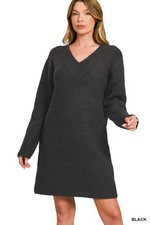 Zenana V-neck Sweater Dress (Black)