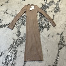 WAYF Alexi Ribbed Knit Midi Dress Womens XS Taupe Long Sleeve Bodycon NWT