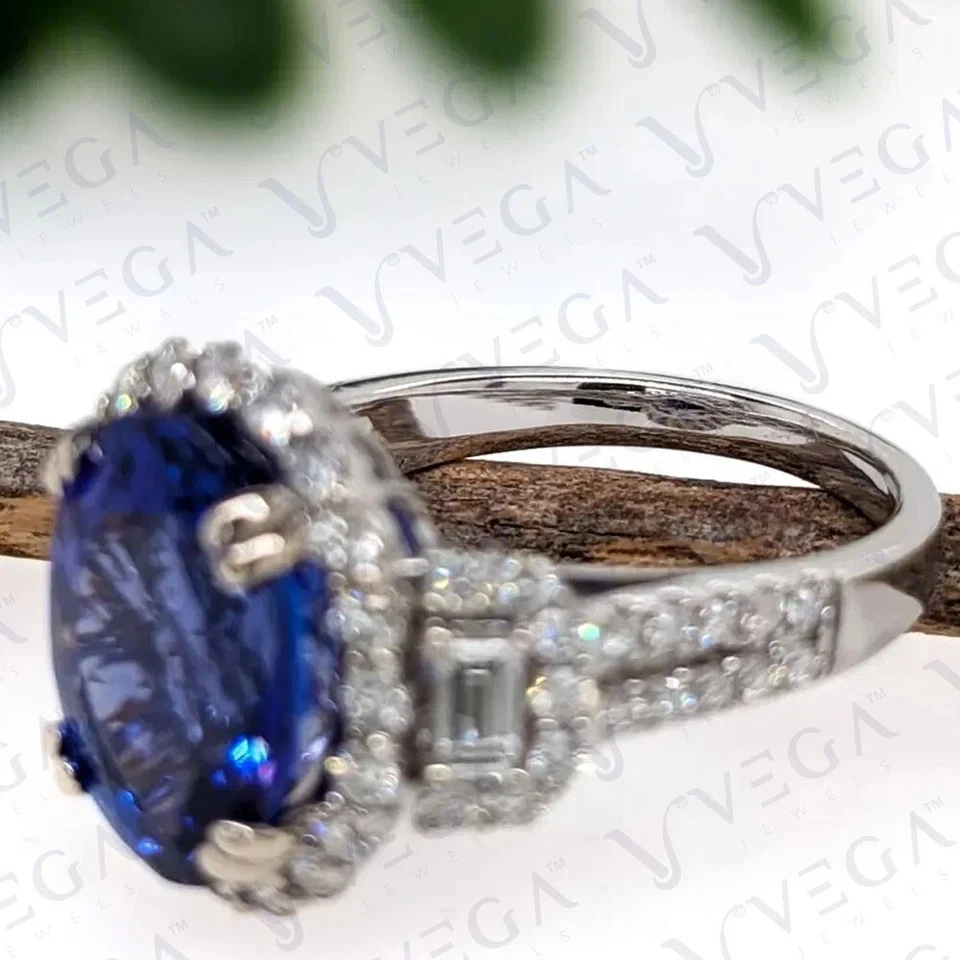 5.32 Ct Oval Cut Natural Tanzanite & Diamond 100% Real 14k SOLID White Gold Ring - Image 2 of 4