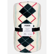 Victoria s Secret PINK Sherpa Throw Blanket 50x60 Green White Argyle Diamond