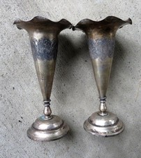 Antique Persian Solid Silver Trumpet Scalloped Fluted Bud Vase Pair