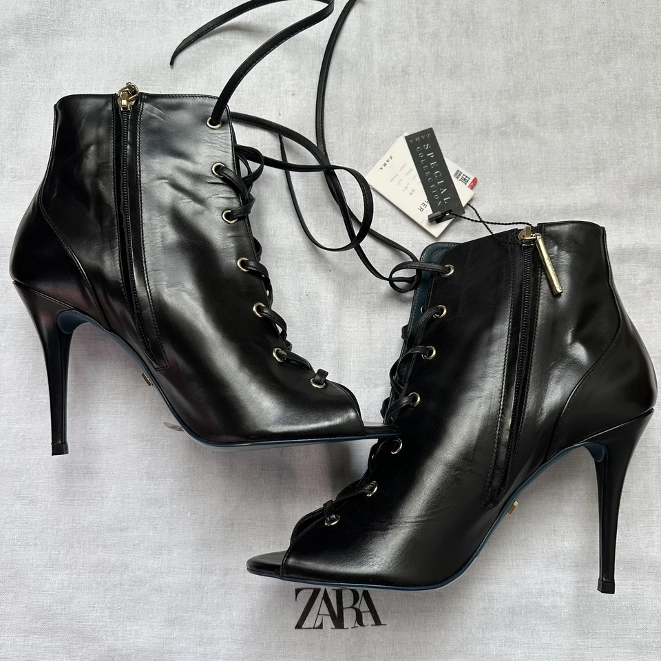 Nuevos Botines Zara $169 Cuero Negro Con Cordones Colección Azul Talla 10 1174/001 Foto 3 de 4