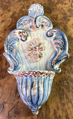 Vintage Hand Made Hand Painted Majolica Pottery Holy Water Font Italy Signed
