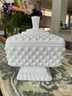 Vintage Fenton Heavy  Thick Hobnail Milk Glass Square Covered Pedestal Dish