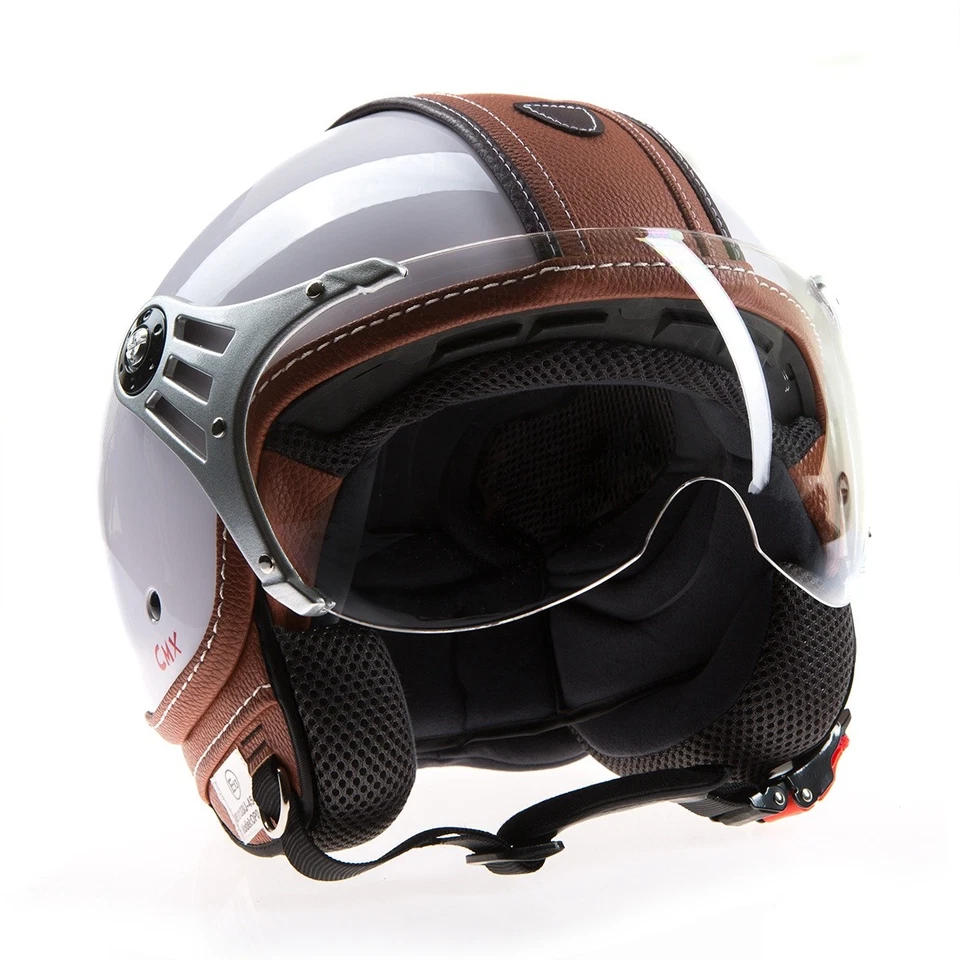 Jethelm Rollerhelm Policehelm Motorradhelm CMX "Paul" weiß mit braunem Leder - Bild 1 von 4