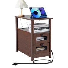 Uimoso Farmhouse End Table Narrow Night Stand with USB Ports and Outlets Brown