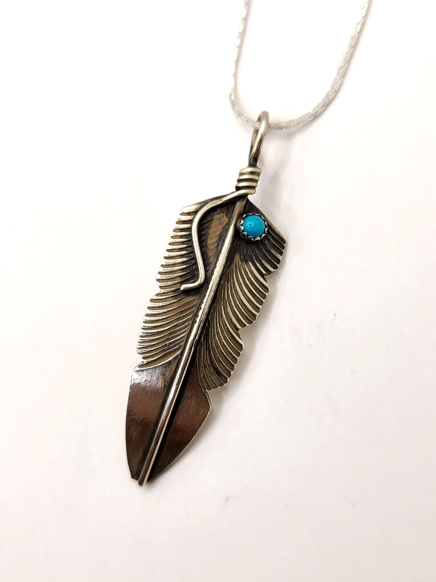 Signed Navajo Sterling Feather Pendant 17