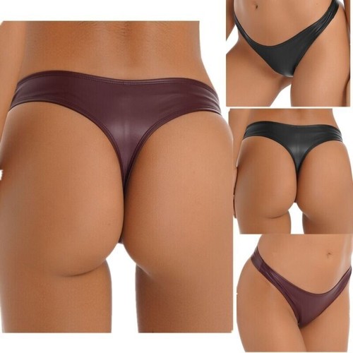 ^Women PU Leather Underwear Low Rise High Cut Thong Triangle Briefs Swimwear - Picture 3 of 32