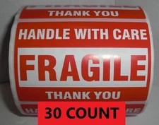 FRAGILE Handle With Care Stickers 2" x 3" Pack of 30 (THIRTY) Self Stick Labels 