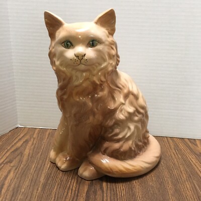 Ceramic Cat Vintage Large 12'' Tan - Brown Cat Sitting Statue Green Eyes