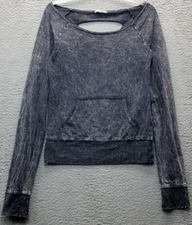 HANNAH Sweatshirt Womens Medium Black Acid Wash Cut Out Lace Up Back Boat Neck