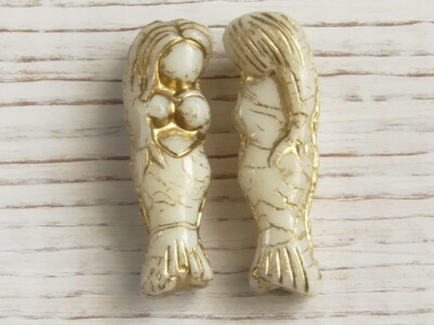 2 - 25x7mm CZECH GLASS MERMAID SEA GODDESS OPAQUE IVORY WHITE & GOLD WASH BEACH