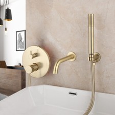 Wall Mount Brushed Gold Bathroom Tub Filler Handheld Spray Mixer Shower Tap Set
