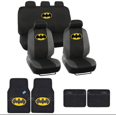 Batman Car Seat Covers Yellow on Black Logo w/ Matching Carpet Floor Mats 15 pc