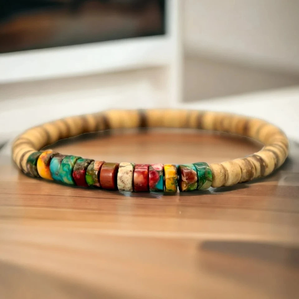 Pulsera elástica piedra natural sedimentos marinos madera jaspe cuentas regalo Foto 2 de 4