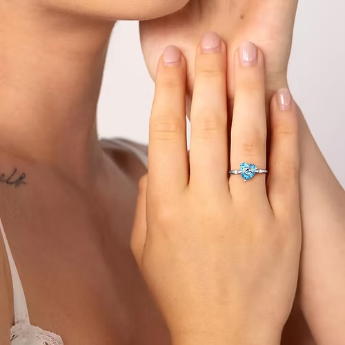 Anello donna nodo cuore in argento sterling 925 con zircone blu al centro - Foto 3 di 5