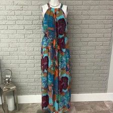 Nine West Women Multicolored Floral Print Halter Pleated Maxi Dress Size 10