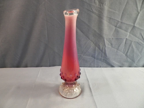 Fenton Plum Opalescent Glass Hobnail Swung Bud Vase 8" Tall INV2