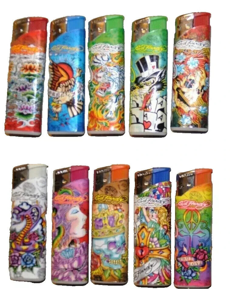ed hardy cigarette lighter 5 PC Ed Hardy Lighters Tattoo Different Design Refillable Lighter Random(No  Gas)