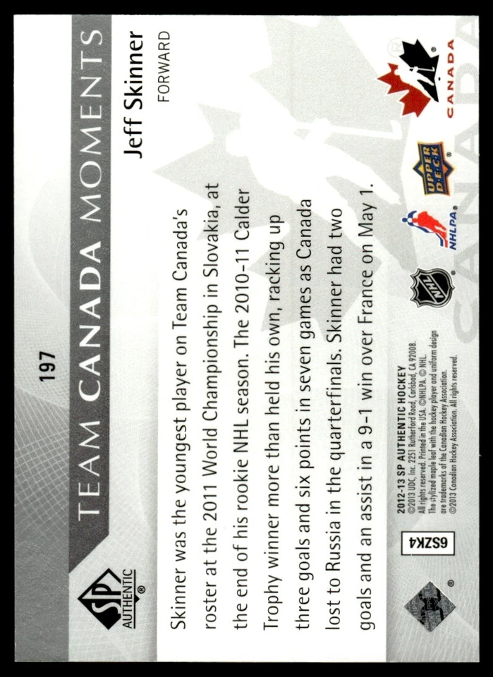 2012-13 SP AUTHENTIC TEAM CANADA MOMENTS JEFF SKINNER #197 - Image 2 of 2