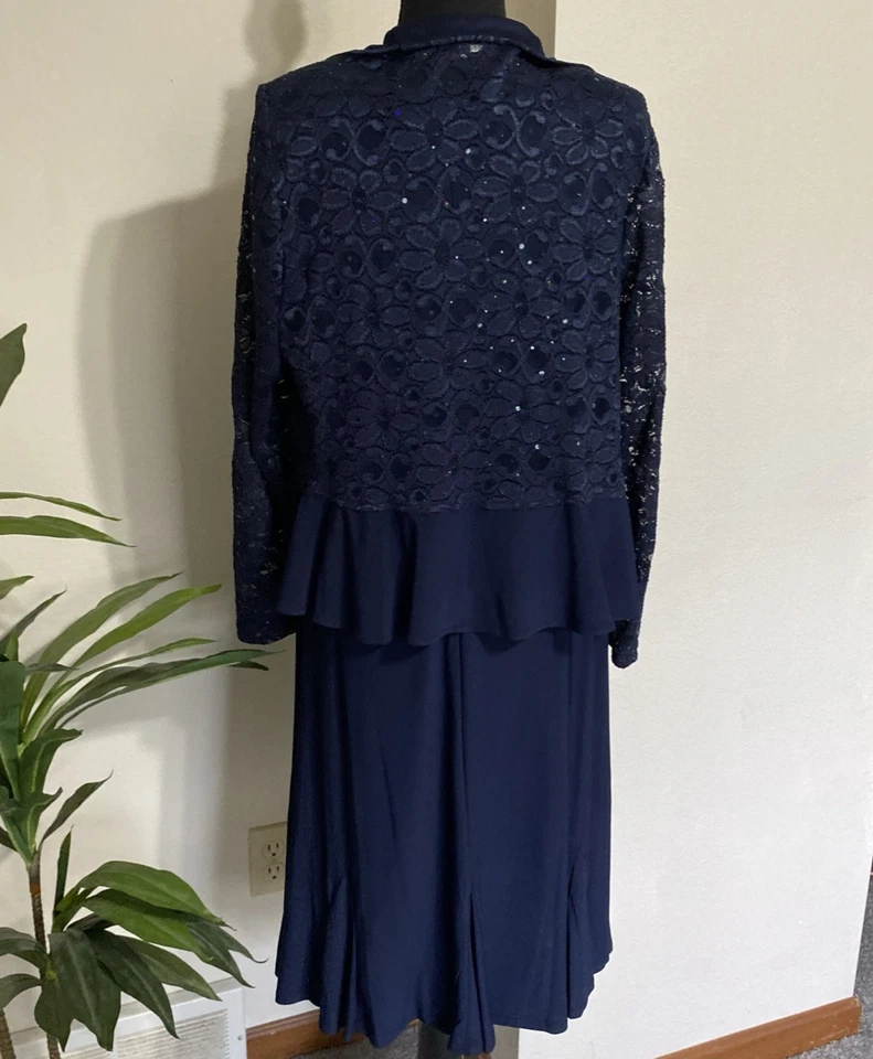 R&M Richards Conjunto Vestido Chaqueta 14 Lentejuelas Azules Encaje Volantes Elegante MOB Boda Foto 4 de 4