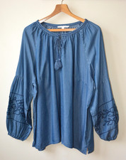 BLUE WASH LYOCELL DENIM TASSEL TIE EMBROIDERY SLEEVE TOP PLUS SIZE 1-XL AND 3-XL