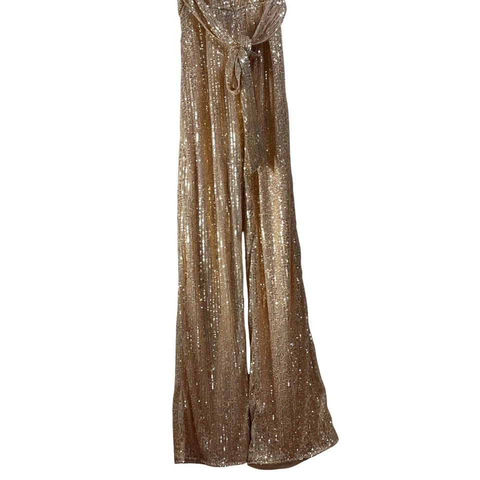 Mono para mujer dorado lentejuelas pierna ancha sin mangas cinturón fiesta formal Foto 3 de 4