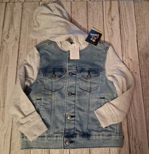 Kids Art Class Cute Jean Jacket With Gray Sleeves And Hoodie Size XS 4/5 