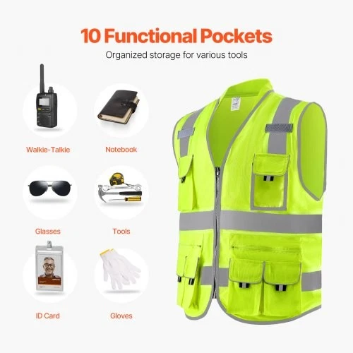 Safety Vest 10 Pockets Yellow Safety Vest High Visibility Zipper Front image 2