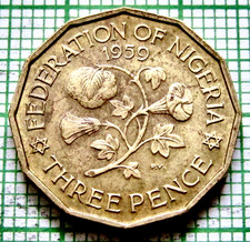 NIGERIA ELIZABETH II 1959 3 PENCE THREEPENCE Cotton Plant, one year type km# 3