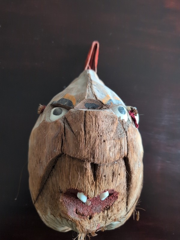 Vintage Tiki Bar Decor Hand Carved Painted Coconut Head Face Folk Art Shell Eyes