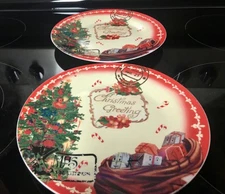 Set Of 2 Clay Art Vintage Postcard Christmas Plates