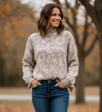 RD Style Conscious Womens Sweater Large Brown Beige Animal Print Mohair Blend