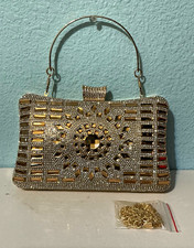 Gold Rhinestone Evening Bag Clutch Purse w/ Handle Chain Strap Metallic