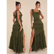 NWT Lulu’s Compelling Romantic Olive Green Ruffled Tiered Maxi Dress Small & XL