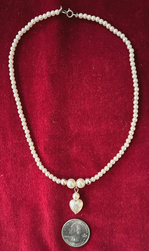 Vintage Faux Pearl Necklace with Heart-Shaped Pendant - 15"