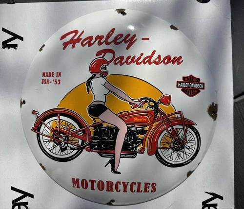 Harley-Davidson Pinup Girl 12” Convex Porcelain Sign VINTAGE 1953