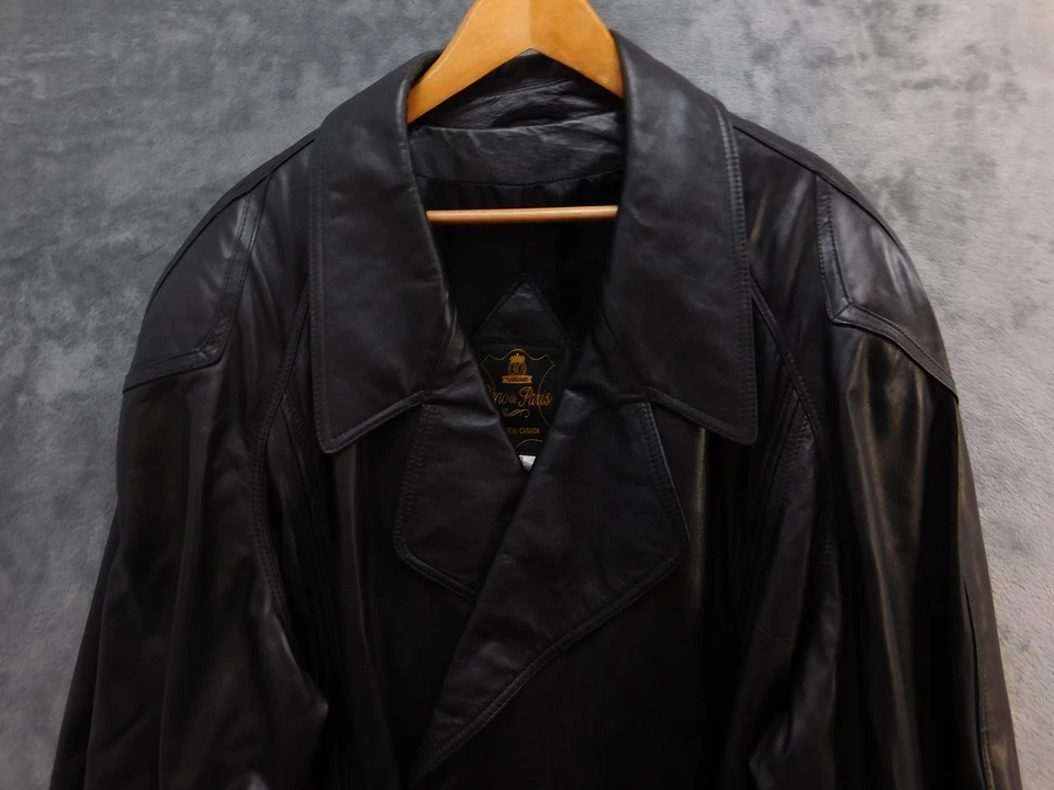 Jeno de Paris Coat Mens 50 Black Leather Trench Double Breasted Belted Long - Image 2 of 4