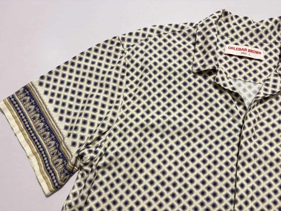 ORLEBAR BROWN Shirt Linen-Blend Camp Button Up Short Sleeve Geometric Mens Large Foto 3 de 4