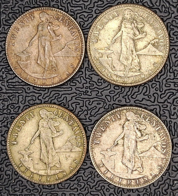 Lot of 4 1944-D Philippines 20 Centavos Silver Coins